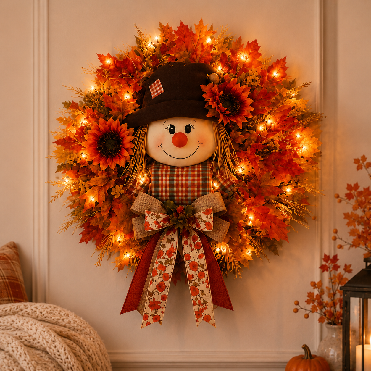 ๐๐ป Lighted Scarecrow Fall Wreath for Front Door