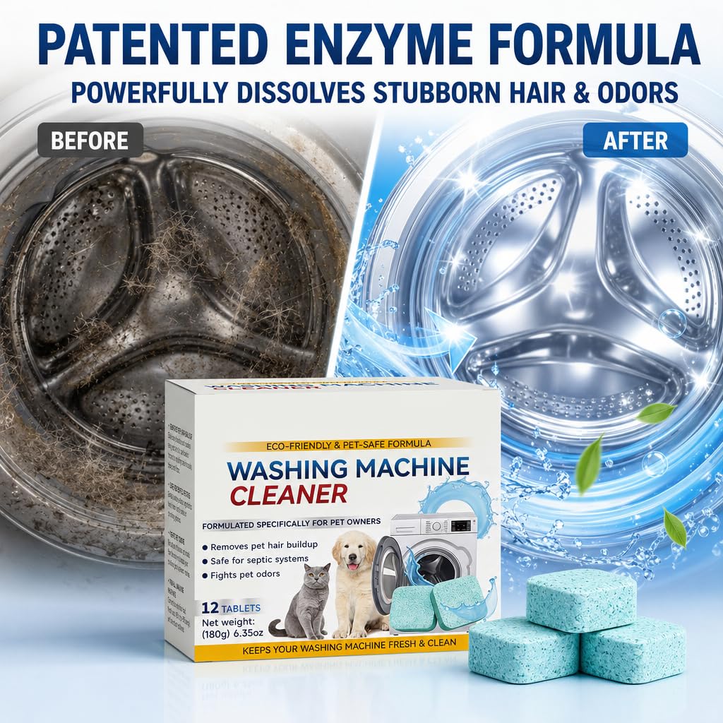 š¾ Washing Machine Cleaner Tablets ā 12 Count, Fragrance Free, Neutralizes Pet Odors & Removes Hair Buildup, Safe for Septic Systems āØ