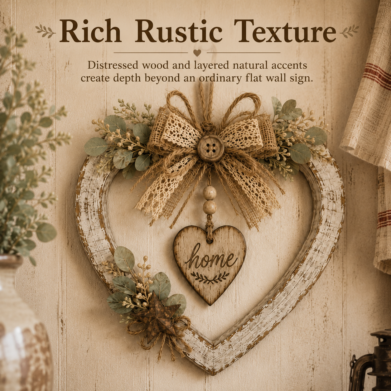 Rustic Farmhouse Heart Wall Decor with “Home” Sign