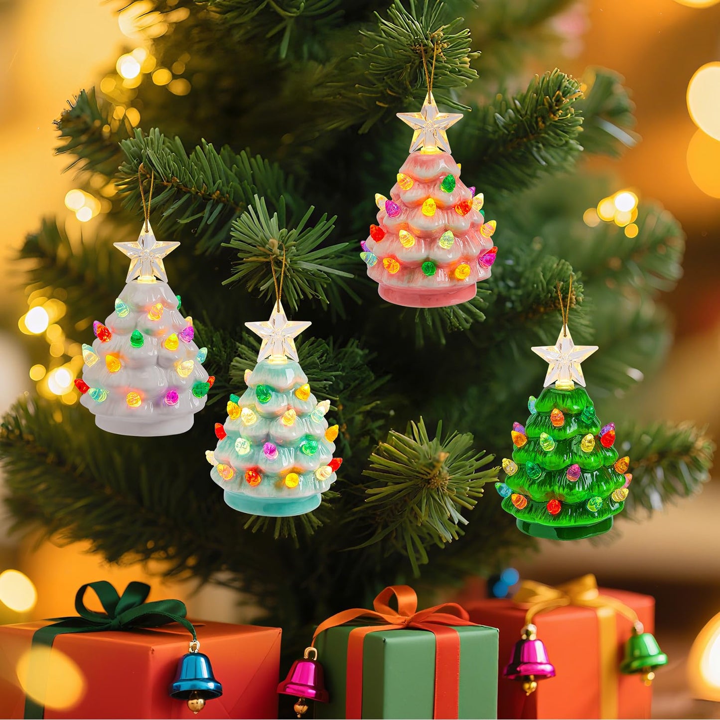 🎄 Mr. Christmas Set of 4 Mini Nostalgic Tree Ornaments – Comes with Gift Bags, Perfect for Holiday Décor & Keepsake Giving ✨