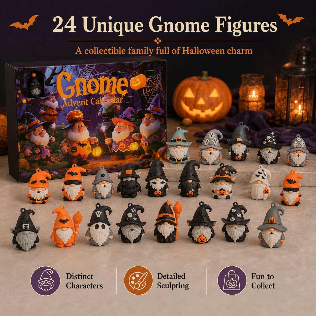 🔥LAST DAY 50% OFF - 24 Days of Halloween Gnome Surprise Figures Advent Calendar Box
