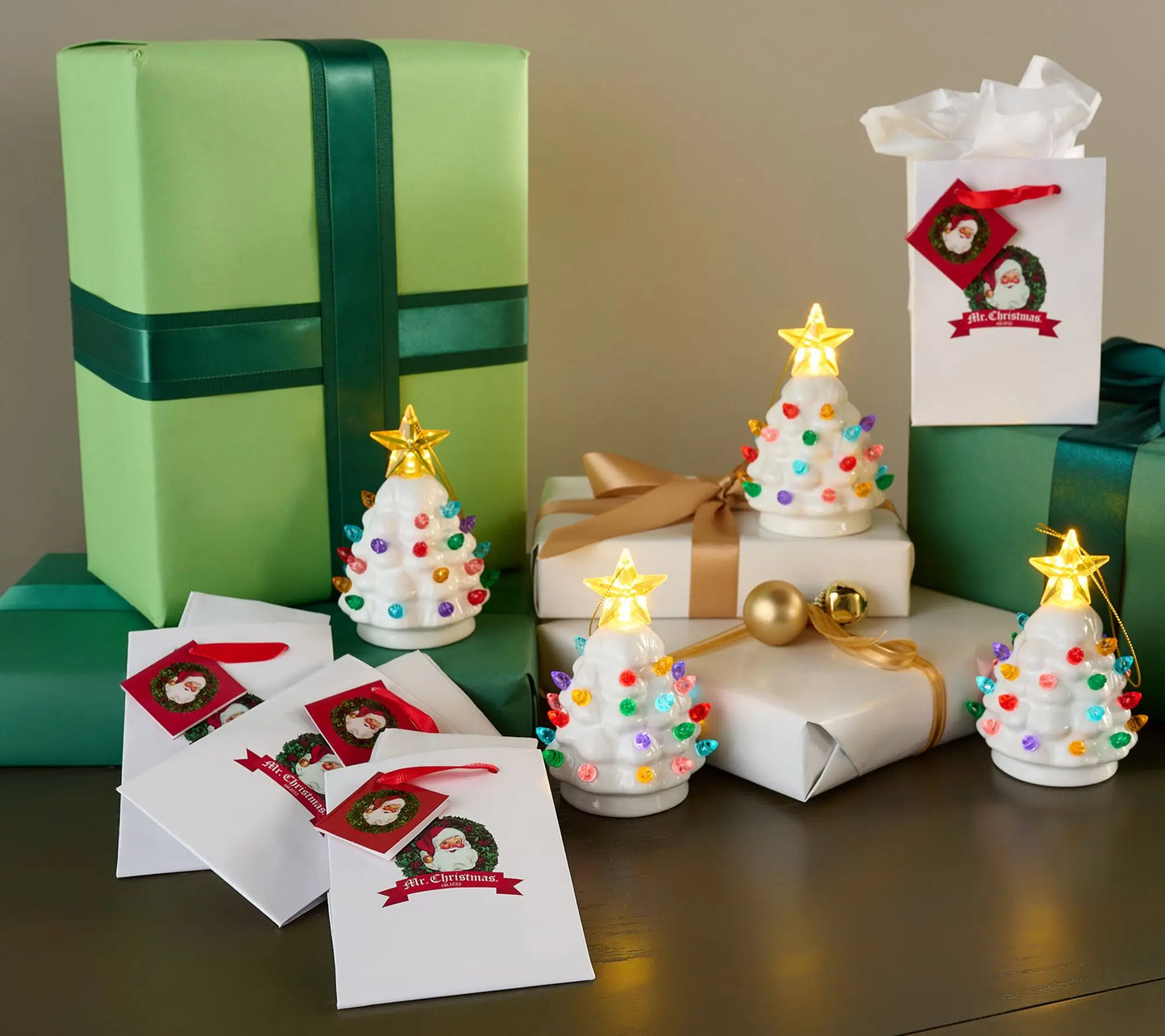 🎄 Mr. Christmas Set of 4 Mini Nostalgic Tree Ornaments – Comes with Gift Bags, Perfect for Holiday Décor & Keepsake Giving ✨