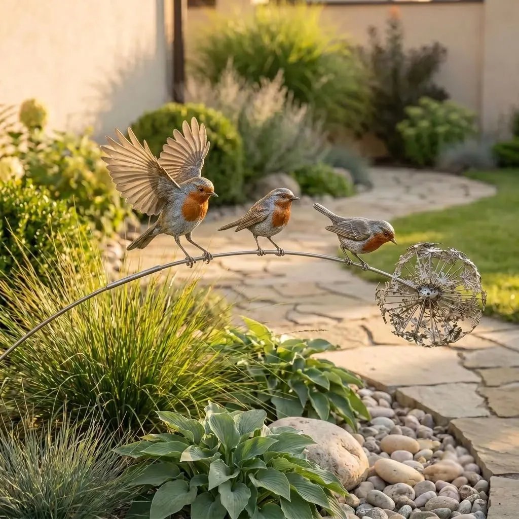 🕊️ Messenger of Love Robin Garden Stake – Handcrafted Metal Wind-Swaying Memorial Decor with 3 Robins & Dandelion