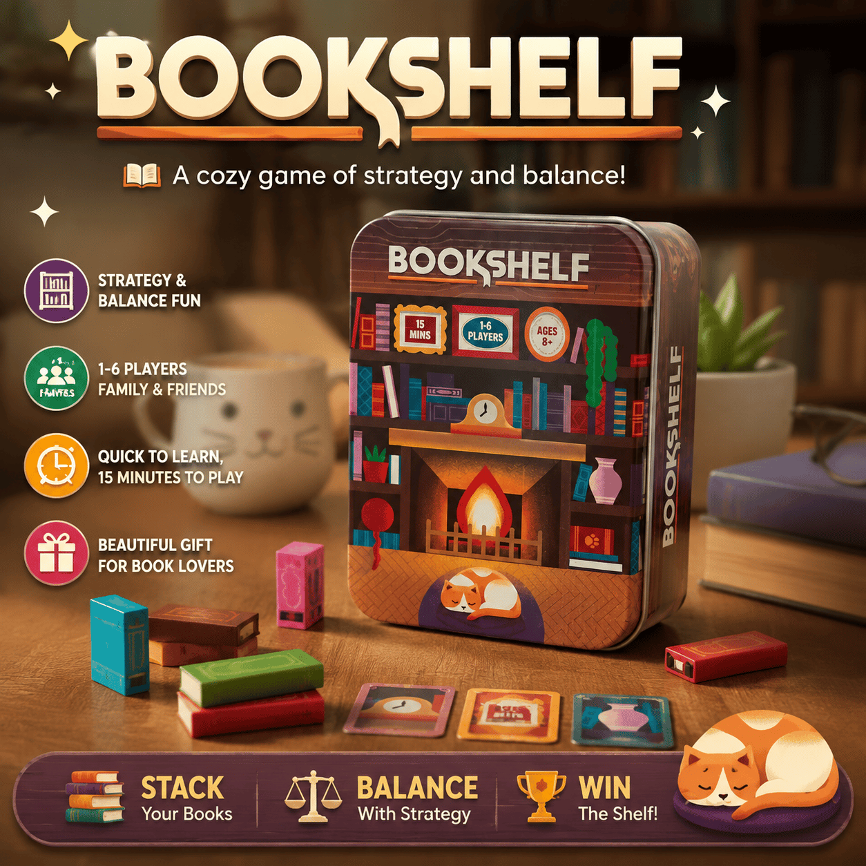 📚🎲Bookshelf Cooperative Stacking Game | Skill & Balance Card and Book Tower Game in Travel Tin