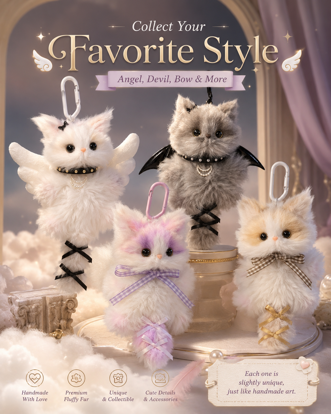 NEYEROS® Handmade Fluffy Cat Bag Charm – Cute Angel, Devil