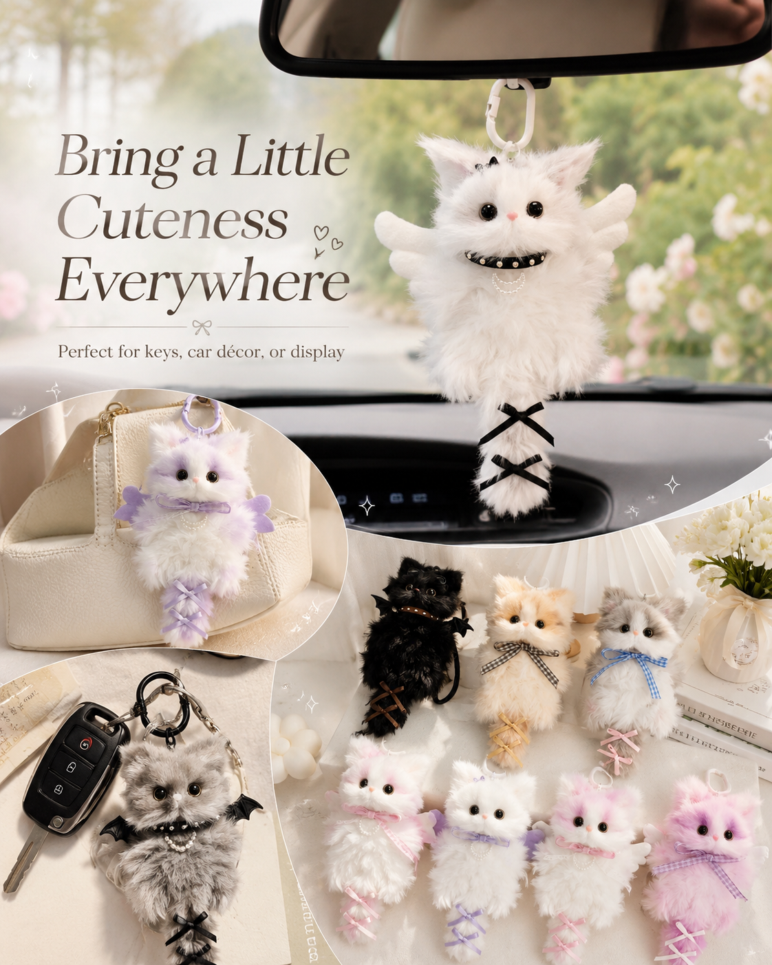 NEYEROS® Handmade Fluffy Cat Bag Charm – Cute Angel, Devil