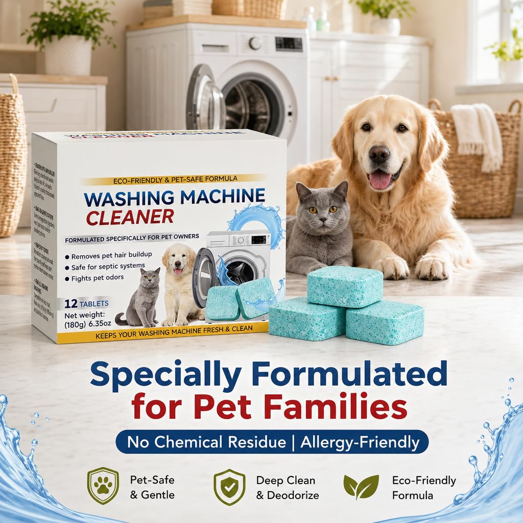 🐾 Washing Machine Cleaner Tablets – 12 Count, Fragrance Free, Neutralizes Pet Odors & Removes Hair Buildup, Safe for Septic Systems ✨
