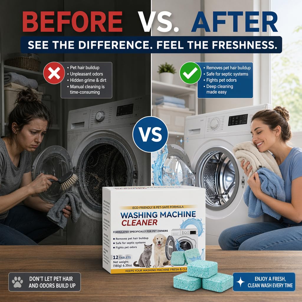 🐾 Washing Machine Cleaner Tablets – 12 Count, Fragrance Free, Neutralizes Pet Odors & Removes Hair Buildup, Safe for Septic Systems ✨