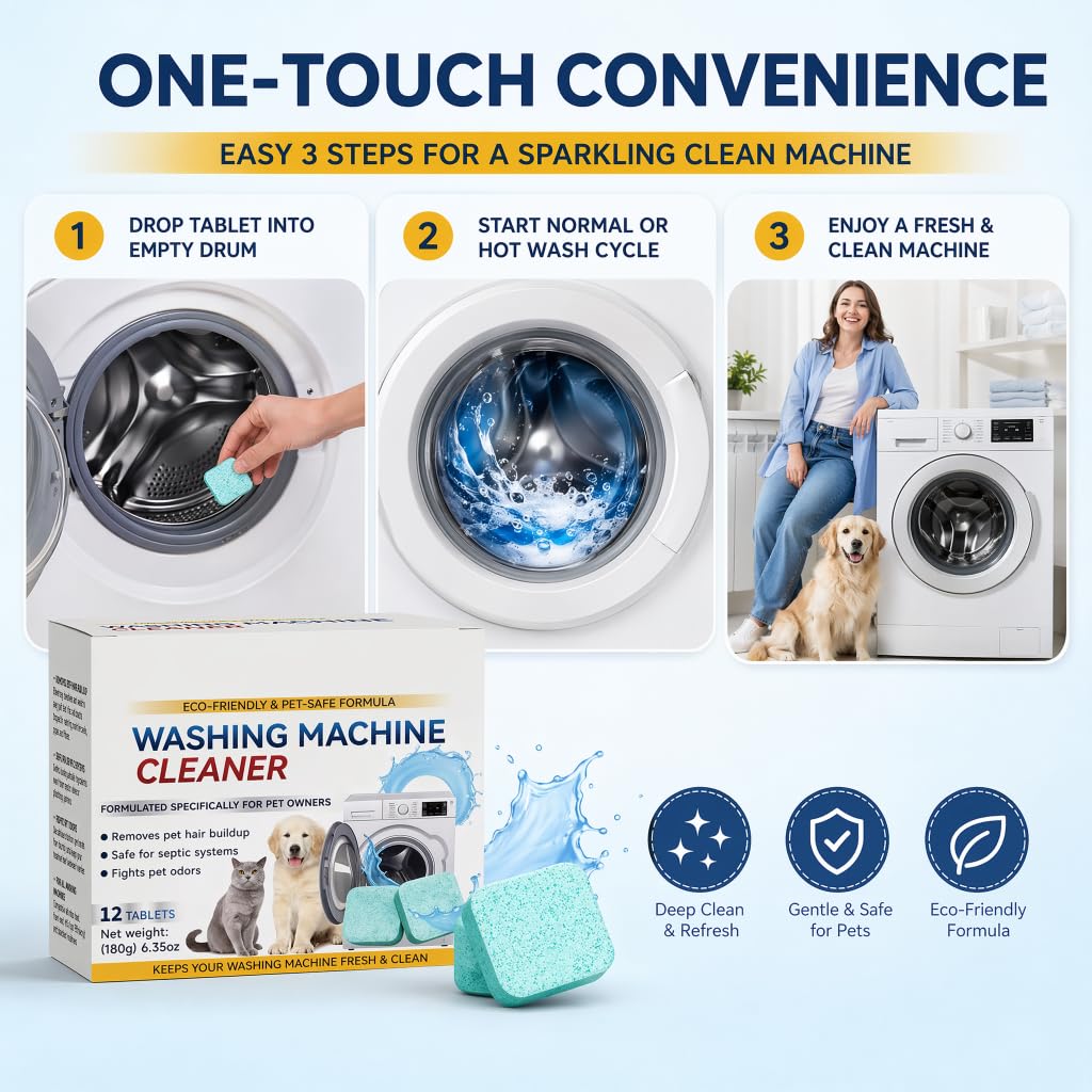 🐾 Washing Machine Cleaner Tablets – 12 Count, Fragrance Free, Neutralizes Pet Odors & Removes Hair Buildup, Safe for Septic Systems ✨