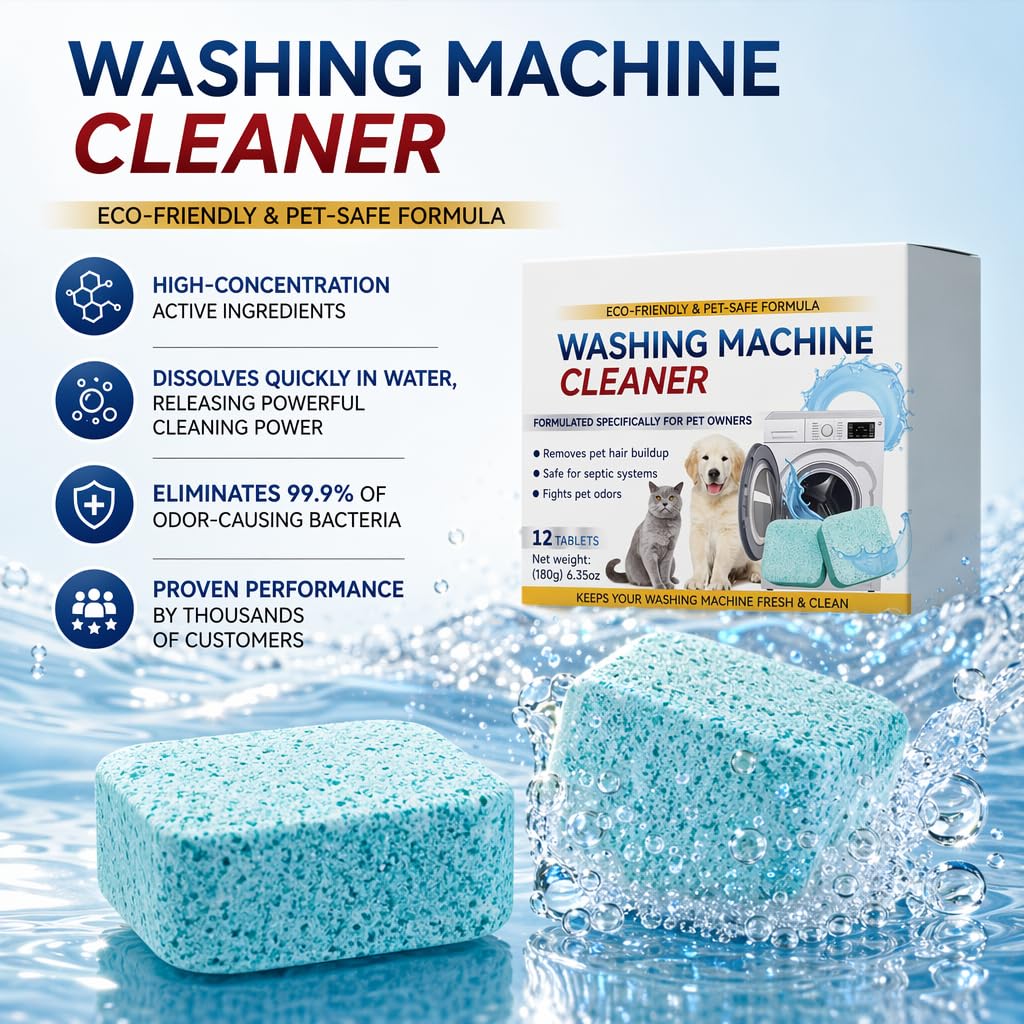 🐾 Washing Machine Cleaner Tablets – 12 Count, Fragrance Free, Neutralizes Pet Odors & Removes Hair Buildup, Safe for Septic Systems ✨