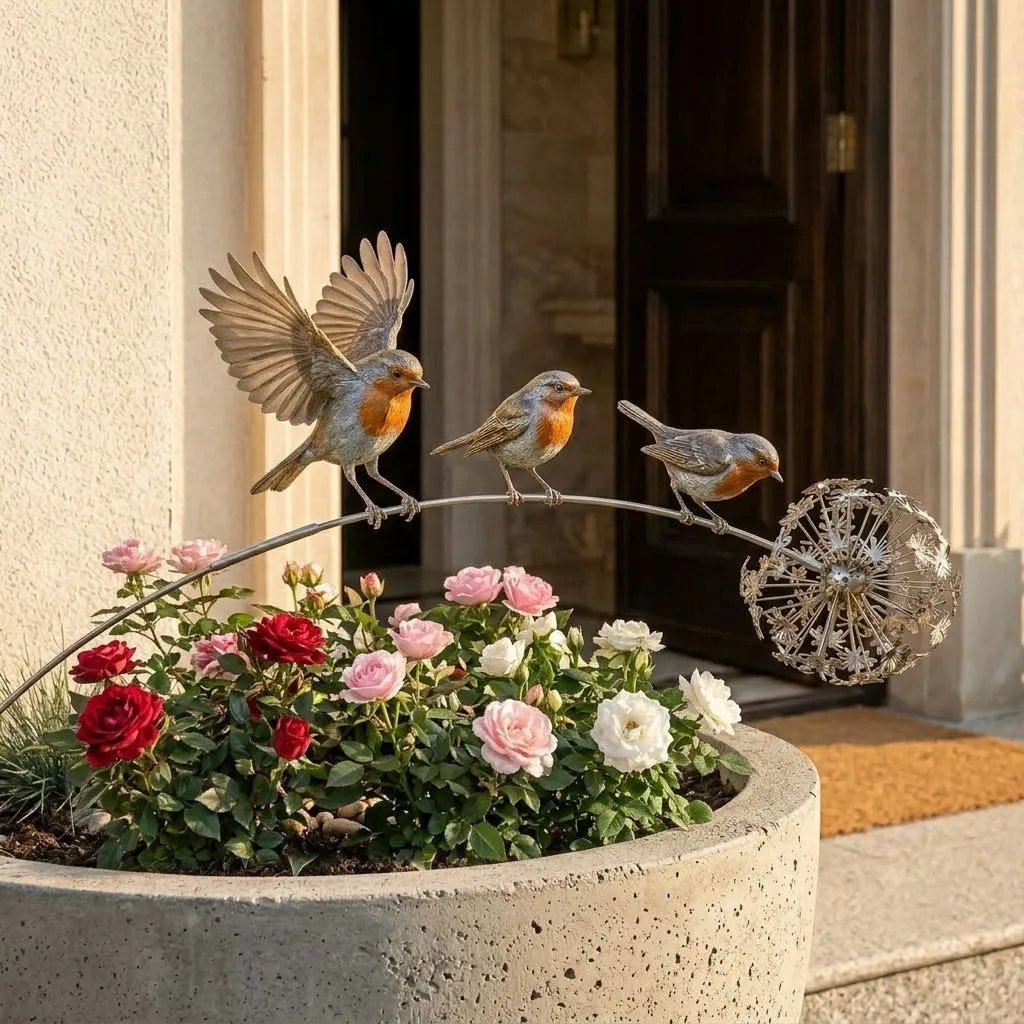 🕊️ Messenger of Love Robin Garden Stake – Handcrafted Metal Wind-Swaying Memorial Decor with 3 Robins & Dandelion