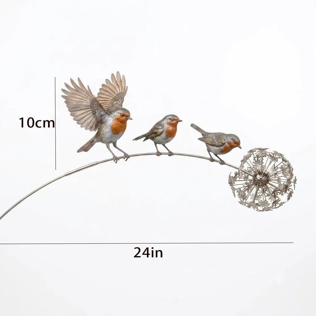 🕊️ Messenger of Love Robin Garden Stake – Handcrafted Metal Wind-Swaying Memorial Decor with 3 Robins & Dandelion