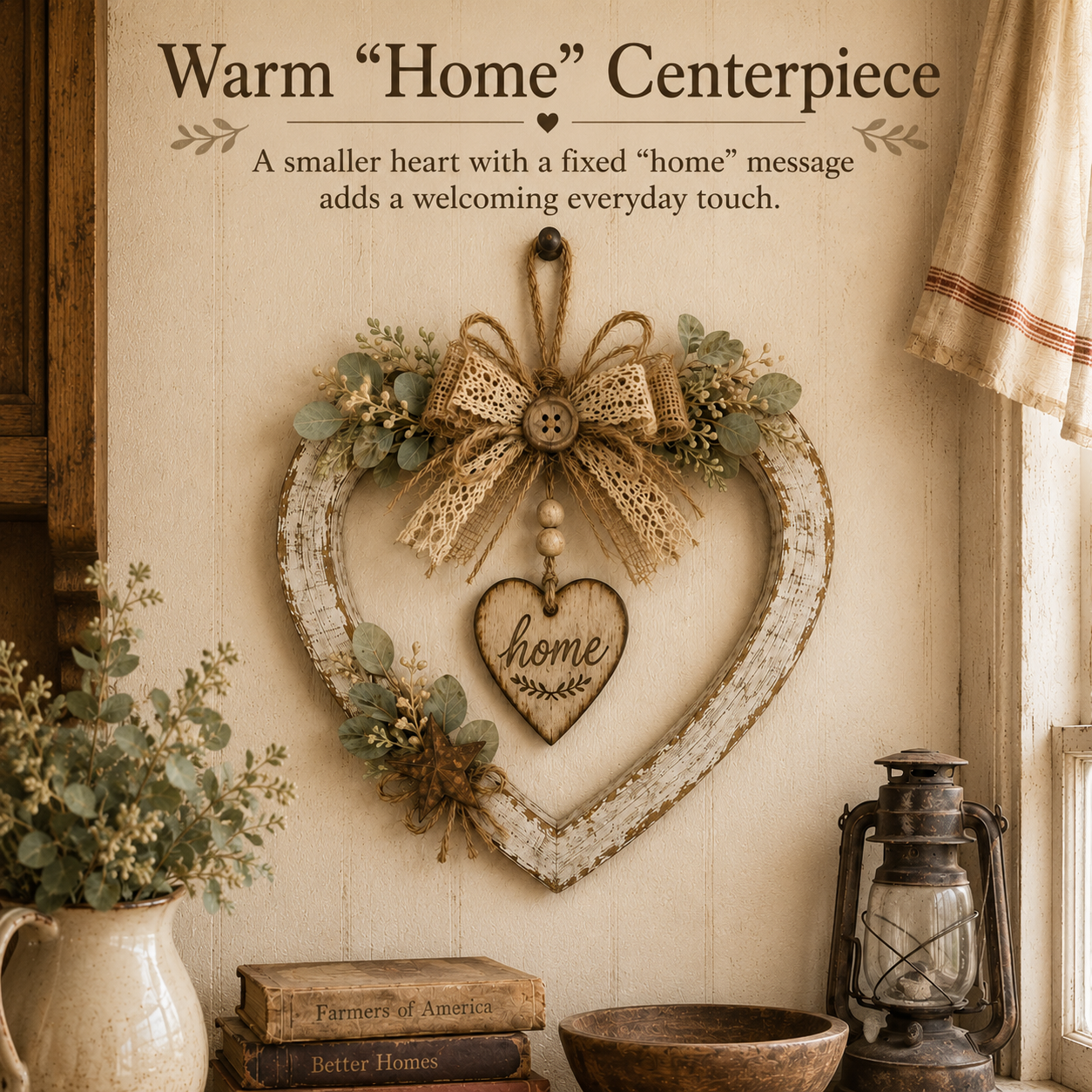 Rustic Farmhouse Heart Wall Decor with “Home” Sign
