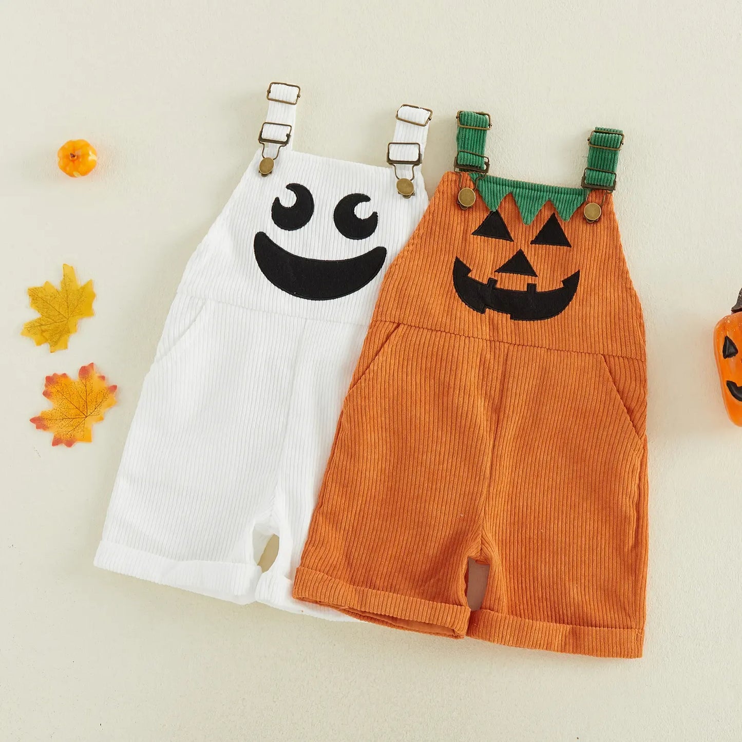 🎃 Baby Boy Halloween Jumpsuit – Devil Face Ribbed Overalls with Pockets, Sleeveless & Soft, Perfect for Trick-or-Treat 👻