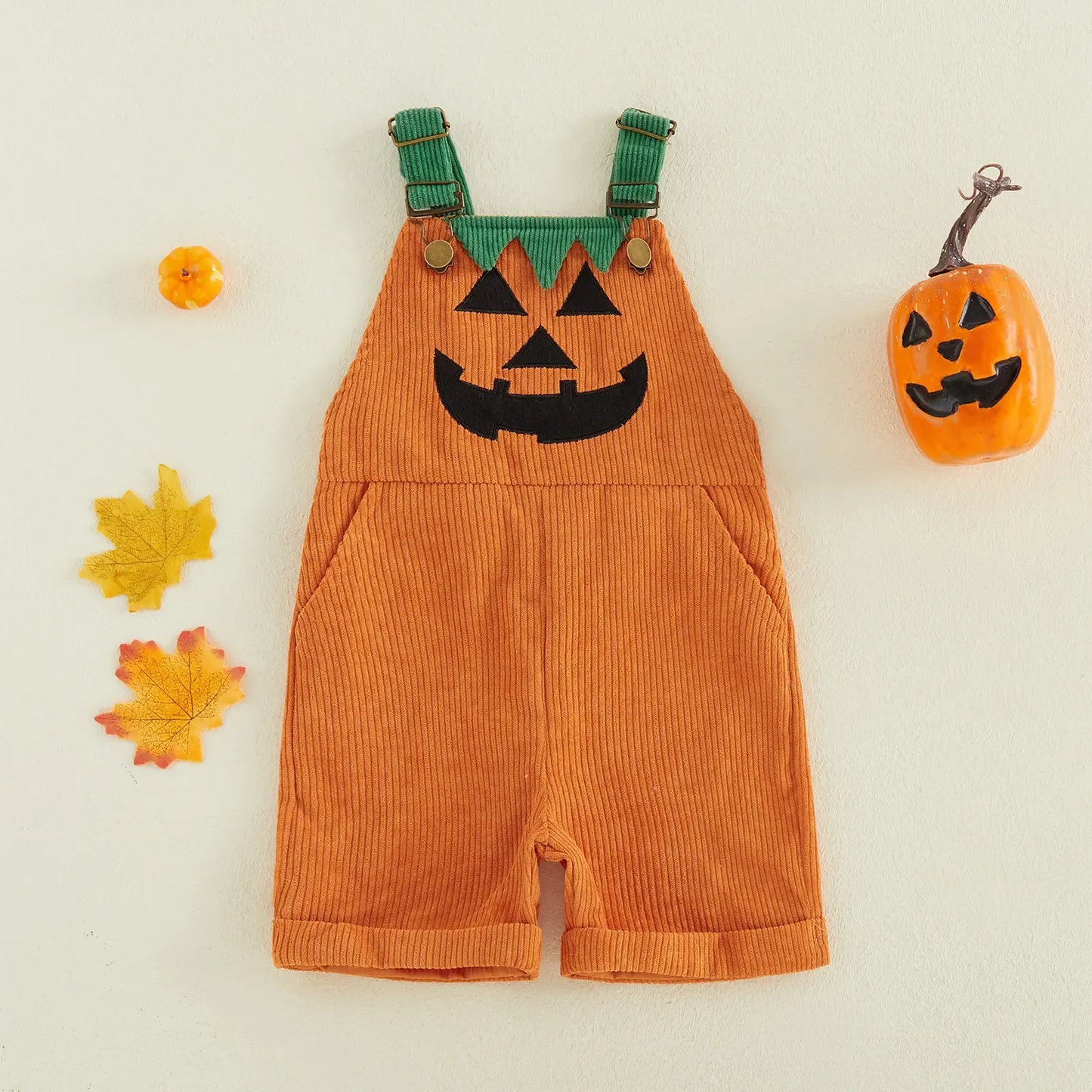 🎃 Baby Boy Halloween Jumpsuit – Devil Face Ribbed Overalls with Pockets, Sleeveless & Soft, Perfect for Trick-or-Treat 👻