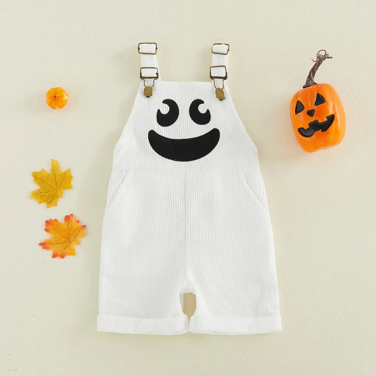 🎃 Baby Boy Halloween Jumpsuit – Devil Face Ribbed Overalls with Pockets, Sleeveless & Soft, Perfect for Trick-or-Treat 👻