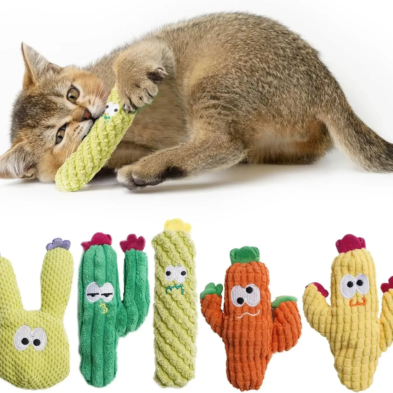 🌵 5 Pack Cactus Cat Toy Set – 100% Premium Cat Herb Filling, Natural Stimulation, Durable for Teething & Play