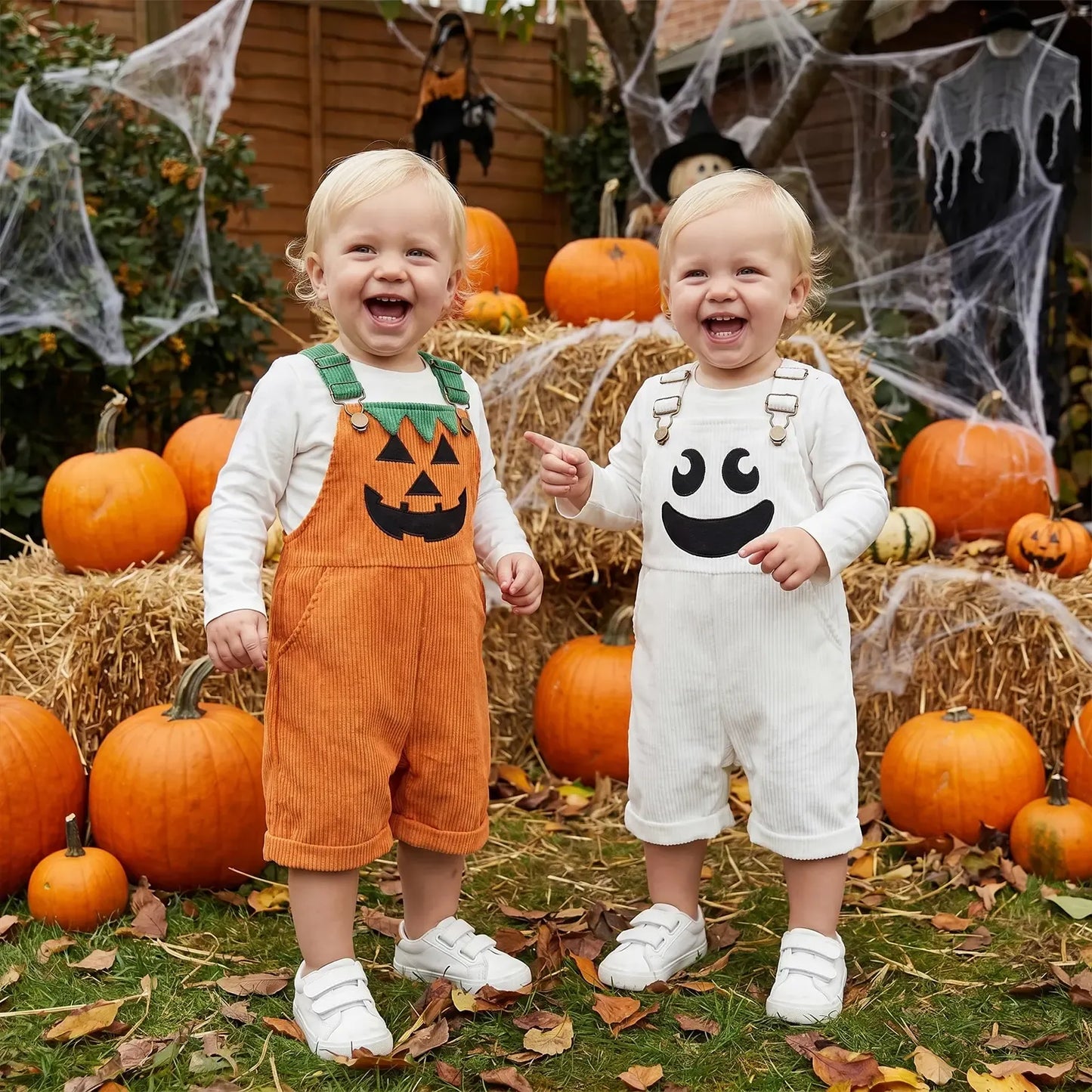 🎃 Baby Boy Halloween Jumpsuit – Devil Face Ribbed Overalls with Pockets, Sleeveless & Soft, Perfect for Trick-or-Treat 👻
