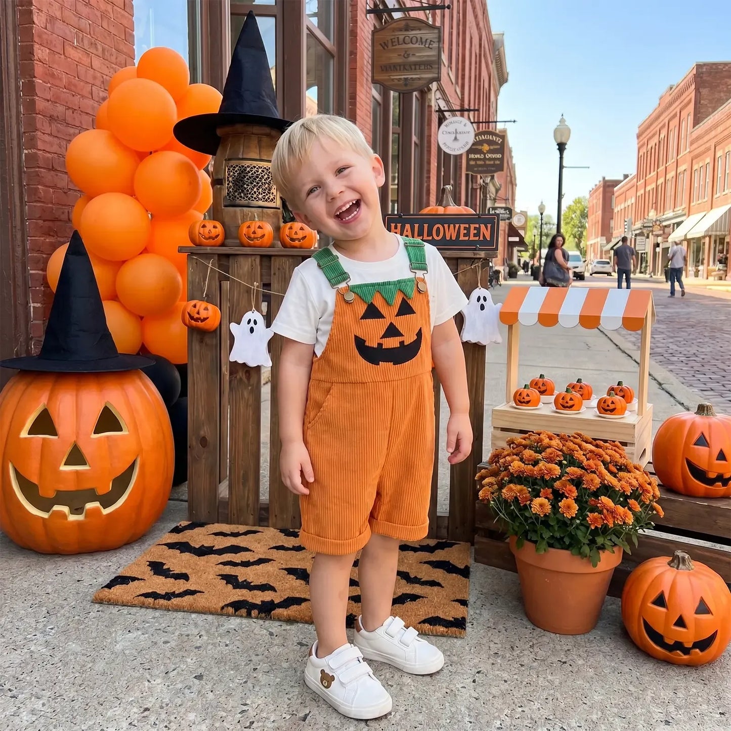 🎃 Baby Boy Halloween Jumpsuit – Devil Face Ribbed Overalls with Pockets, Sleeveless & Soft, Perfect for Trick-or-Treat 👻
