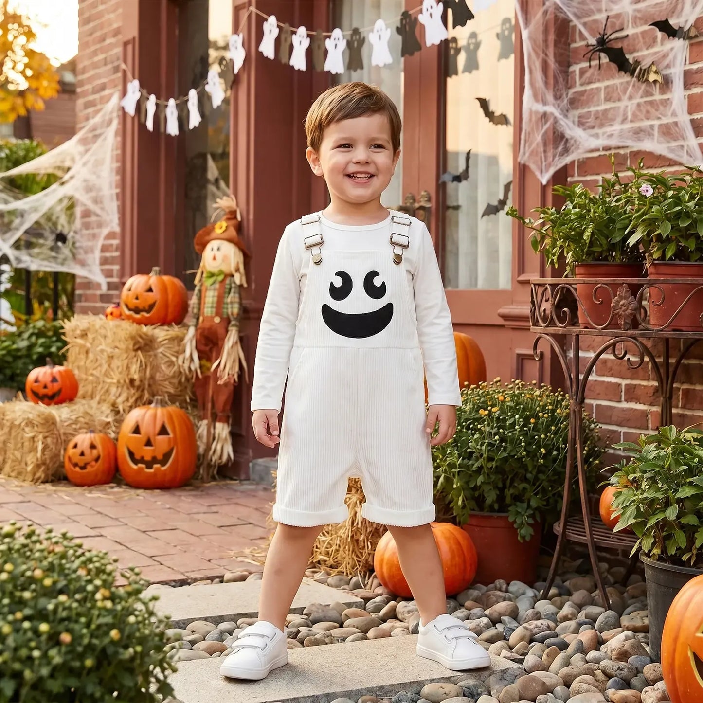 🎃 Baby Boy Halloween Jumpsuit – Devil Face Ribbed Overalls with Pockets, Sleeveless & Soft, Perfect for Trick-or-Treat 👻