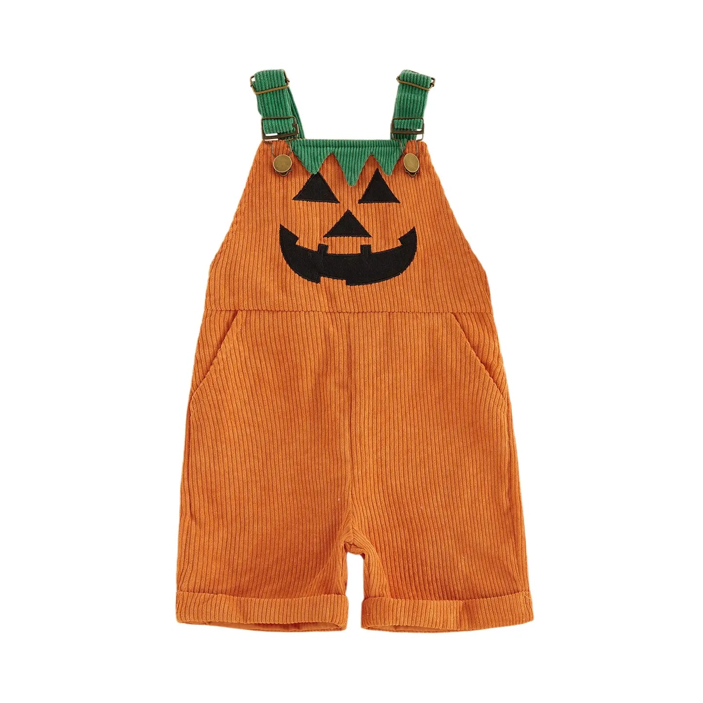🎃 Baby Boy Halloween Jumpsuit – Devil Face Ribbed Overalls with Pockets, Sleeveless & Soft, Perfect for Trick-or-Treat 👻