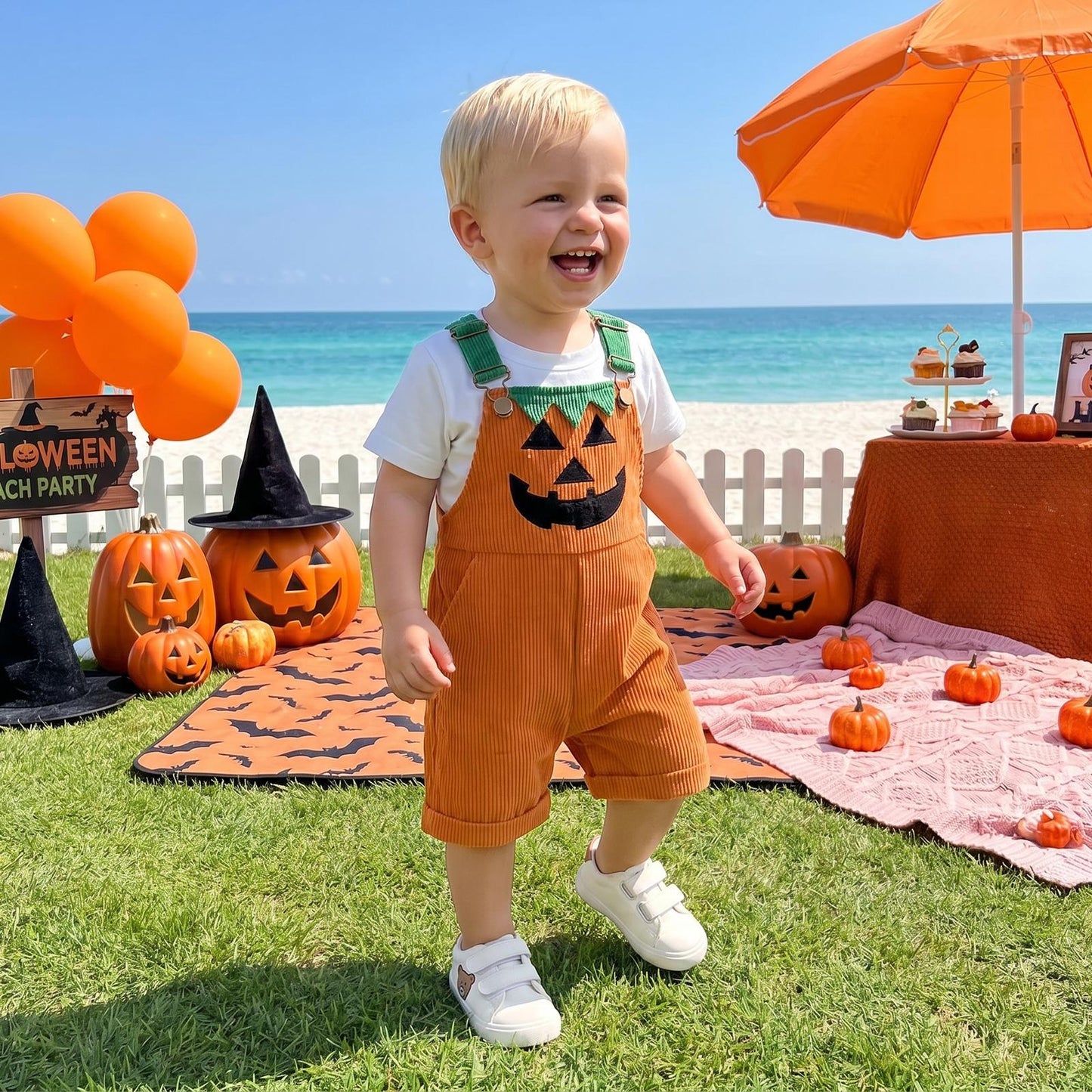 🎃 Baby Boy Halloween Jumpsuit – Devil Face Ribbed Overalls with Pockets, Sleeveless & Soft, Perfect for Trick-or-Treat 👻