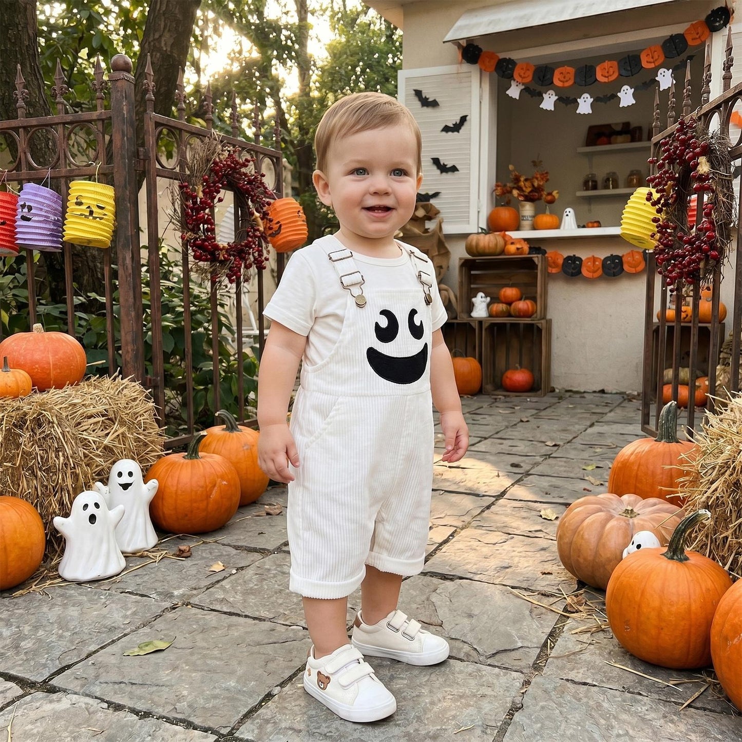 🎃 Baby Boy Halloween Jumpsuit – Devil Face Ribbed Overalls with Pockets, Sleeveless & Soft, Perfect for Trick-or-Treat 👻