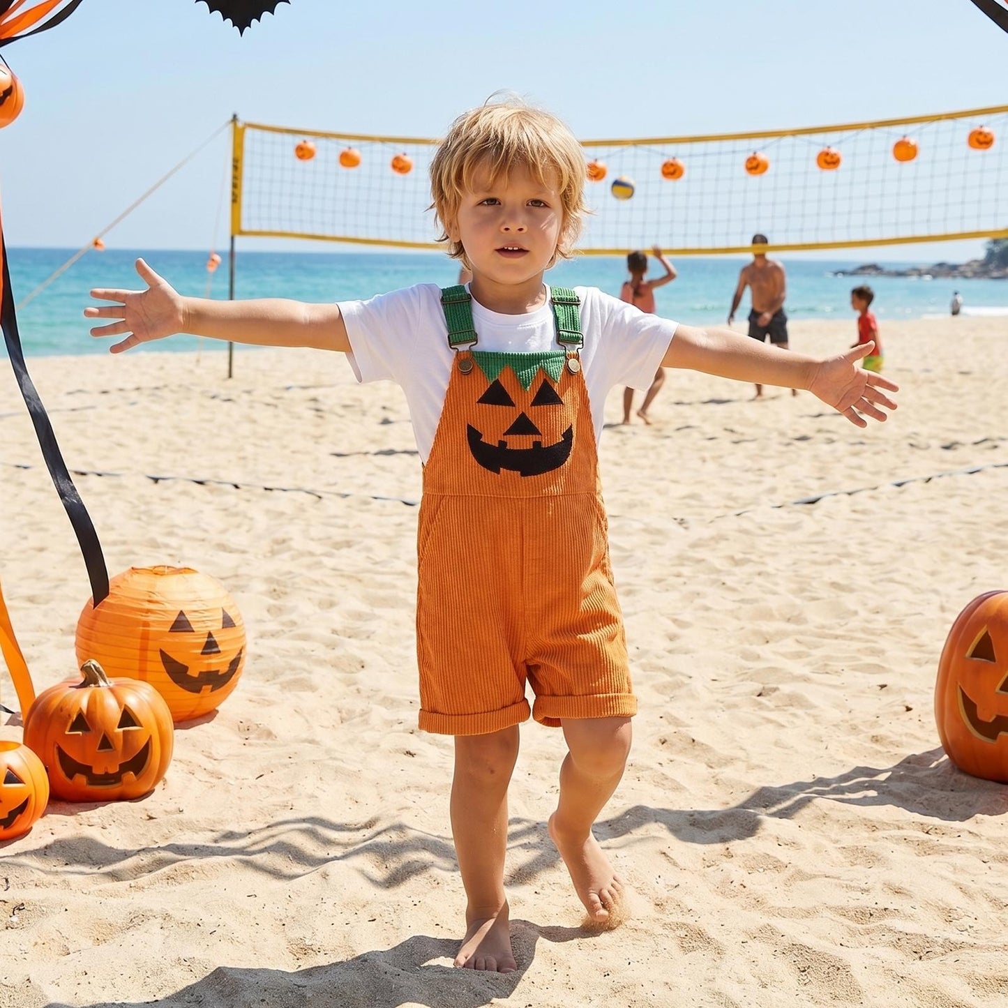 🎃 Baby Boy Halloween Jumpsuit – Devil Face Ribbed Overalls with Pockets, Sleeveless & Soft, Perfect for Trick-or-Treat 👻