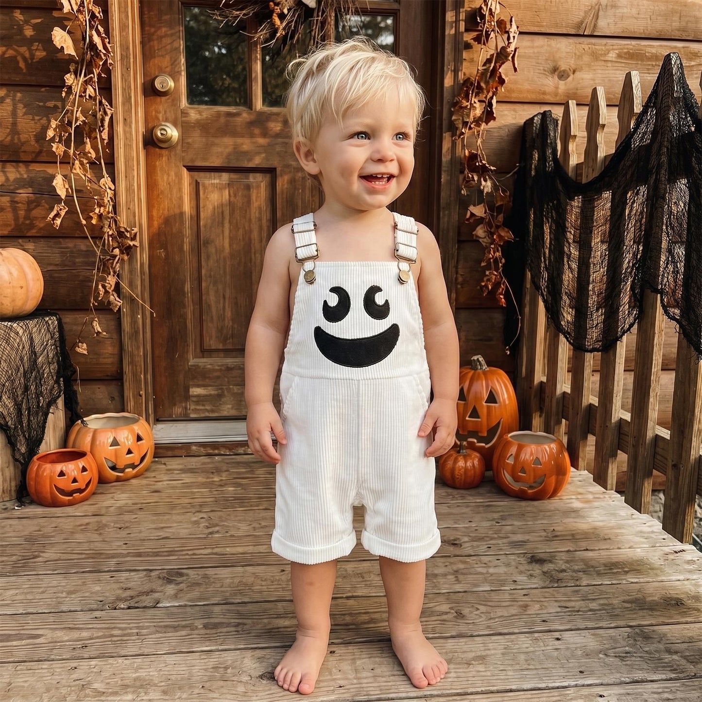🎃 Baby Boy Halloween Jumpsuit – Devil Face Ribbed Overalls with Pockets, Sleeveless & Soft, Perfect for Trick-or-Treat 👻