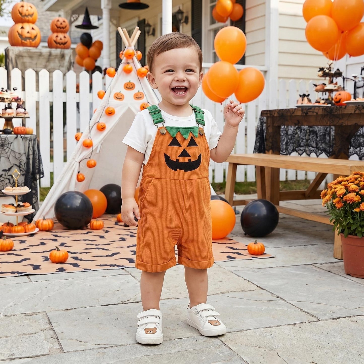 🎃 Baby Boy Halloween Jumpsuit – Devil Face Ribbed Overalls with Pockets, Sleeveless & Soft, Perfect for Trick-or-Treat 👻