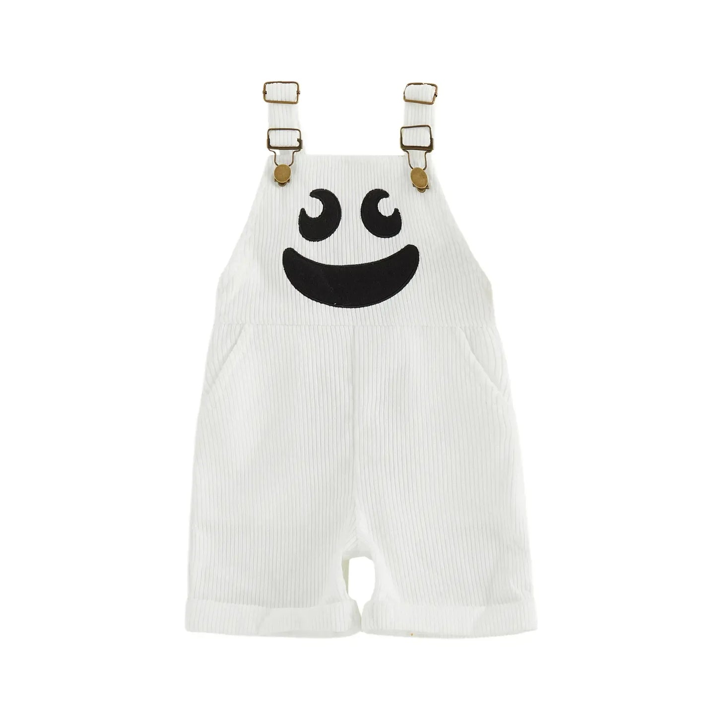 🎃 Baby Boy Halloween Jumpsuit – Devil Face Ribbed Overalls with Pockets, Sleeveless & Soft, Perfect for Trick-or-Treat 👻