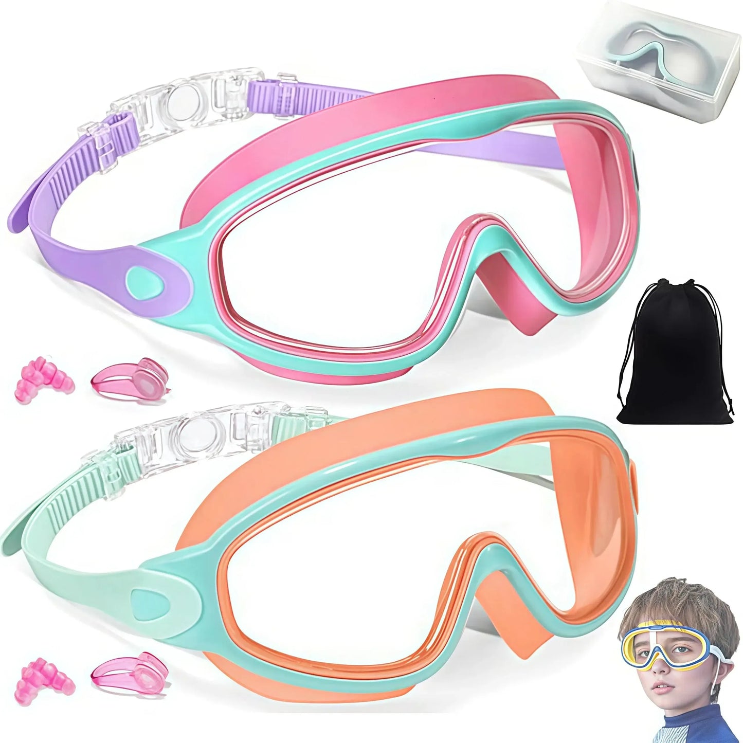 🏊 2 Pack Kids Swim Goggles – UV Protection, Anti-Fog, Adjustable for Ages 3-15, with Earplugs & Nose Clip