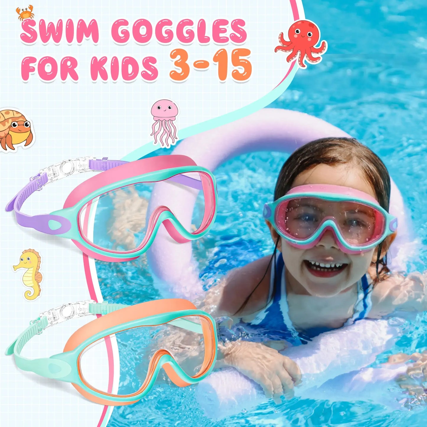 🏊 2 Pack Kids Swim Goggles – UV Protection, Anti-Fog, Adjustable for Ages 3-15, with Earplugs & Nose Clip