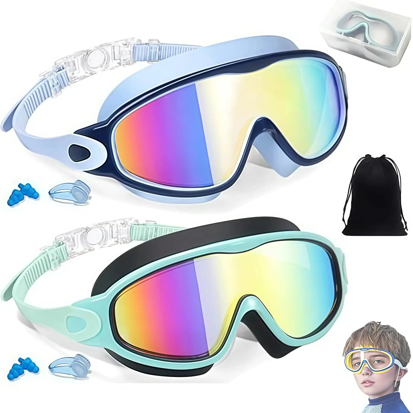 🏊 2 Pack Kids Swim Goggles – UV Protection, Anti-Fog, Adjustable for Ages 3-15, with Earplugs & Nose Clip