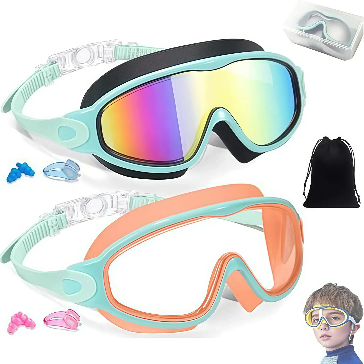 🏊 2 Pack Kids Swim Goggles – UV Protection, Anti-Fog, Adjustable for Ages 3-15, with Earplugs & Nose Clip
