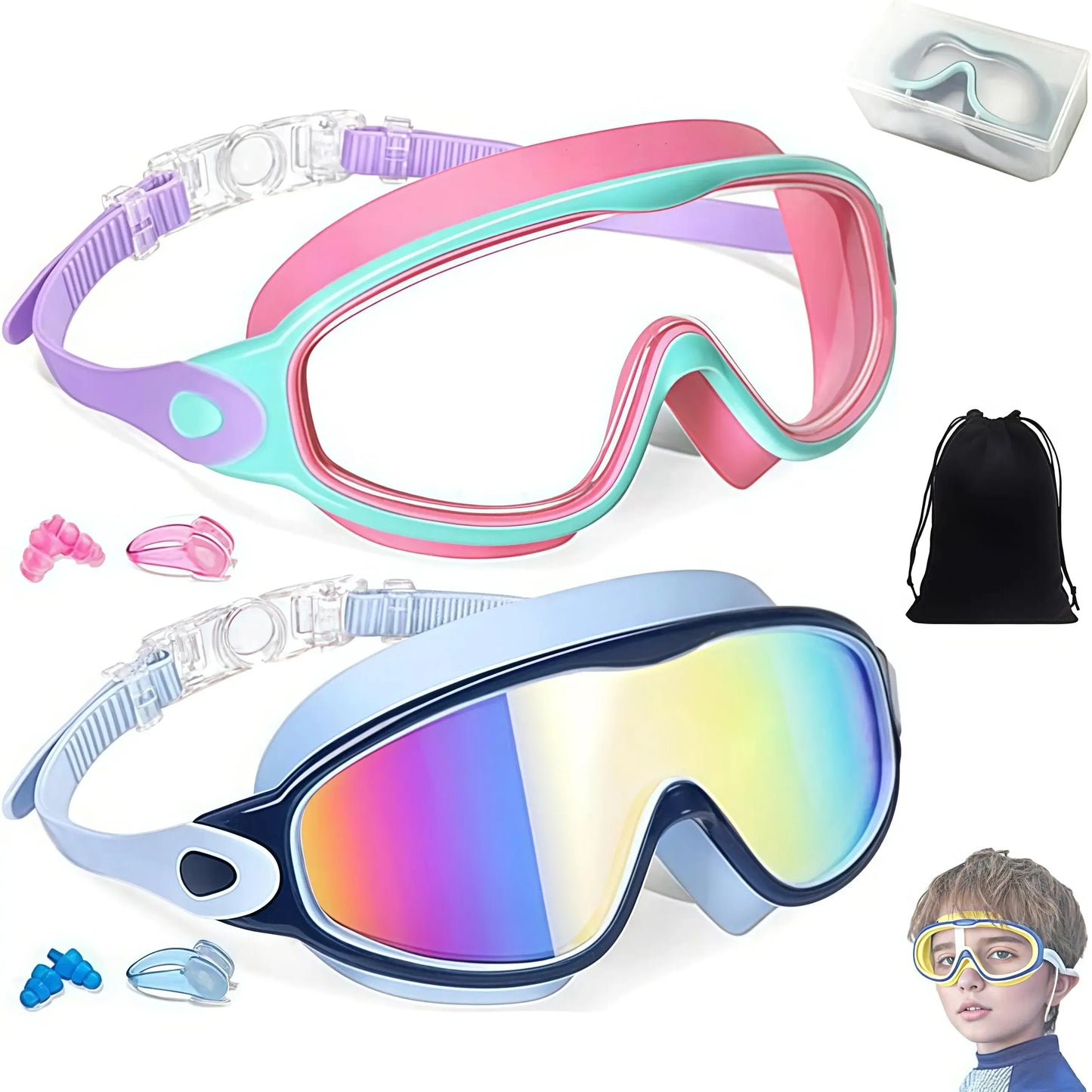 🏊 2 Pack Kids Swim Goggles – UV Protection, Anti-Fog, Adjustable for Ages 3-15, with Earplugs & Nose Clip