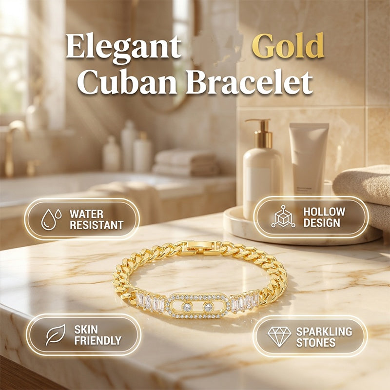 📿Women's Gold-Tone Cubic Zirconia Chain Bracelet – Cuban Link, Zircon Accents, Fold-Over Clasp ✨